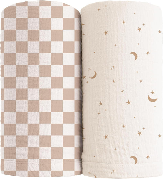 Konssy Muslin Swaddle Blankets for Girls Boys, 2 Pack Receiving Baby Blanket Large 47 x 47 inches, Soft Breathable Swaddling Wrap for Unisex Newborn (Coffee Check,Moon)