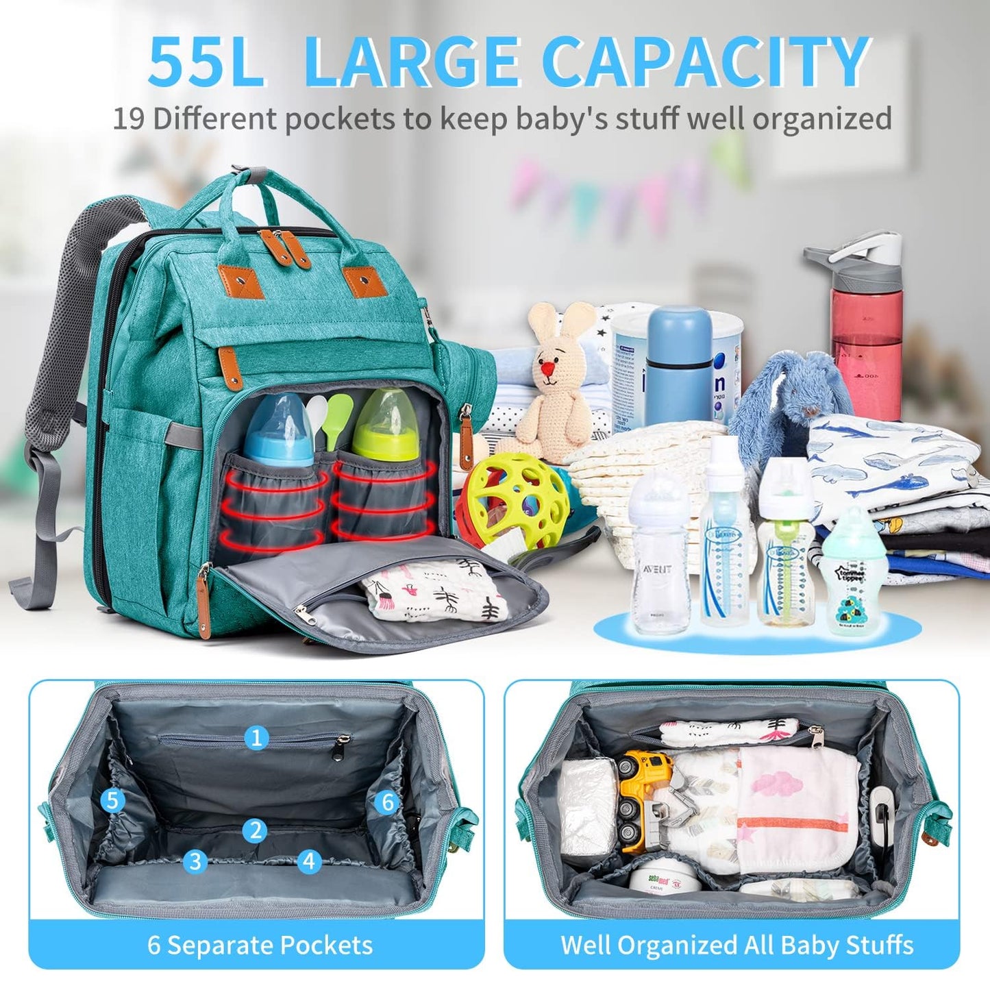 KABAQOO Diaper Bag Backpack with Detachable Changing Station, Large Capacity Baby Diaper Bags for Boys & Girls, Baby Registry Search Stuff & Shower Gifts, Newborn Essentials Must Haves, Lake Blue