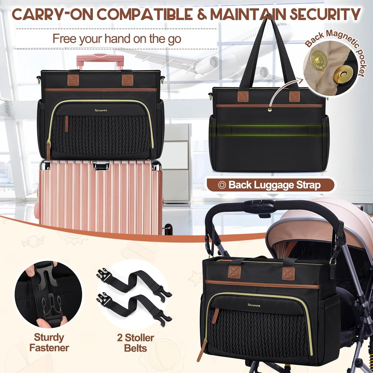 RAINSMORE Diaper Bag Tote, Large Diaper Baby Bag Waterproof Multifunctional Diaper Bag with Pacifier Case & Changing Pad