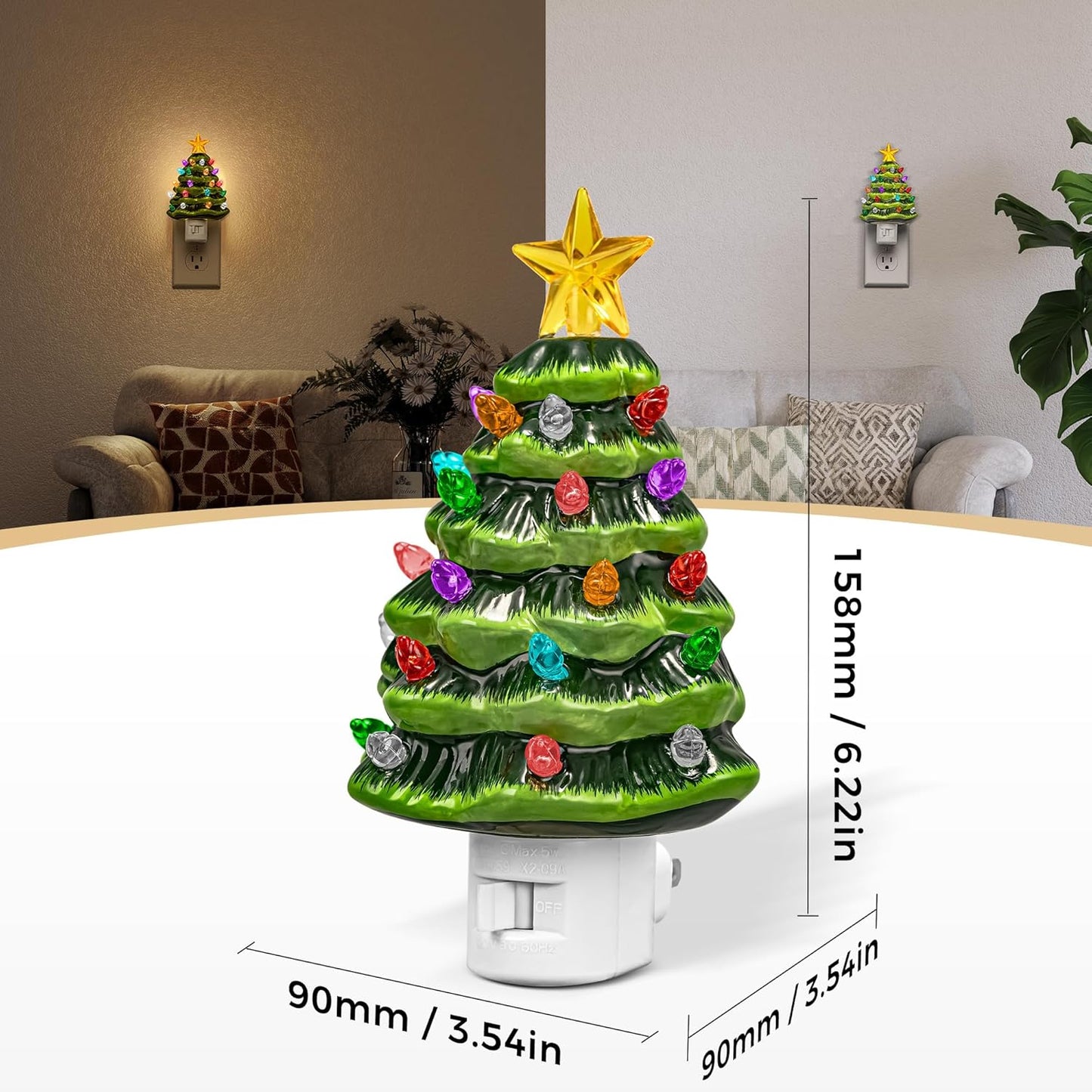 DORESshop Ceramic Christmas Tree Night Light, 3000K Night Lights Plug into Wall, Cute & Funny Christmas Decor Night Light for Kids, Plug in Nightlight with 360° Rotatable, Holiday Party Decor, 1 Pack