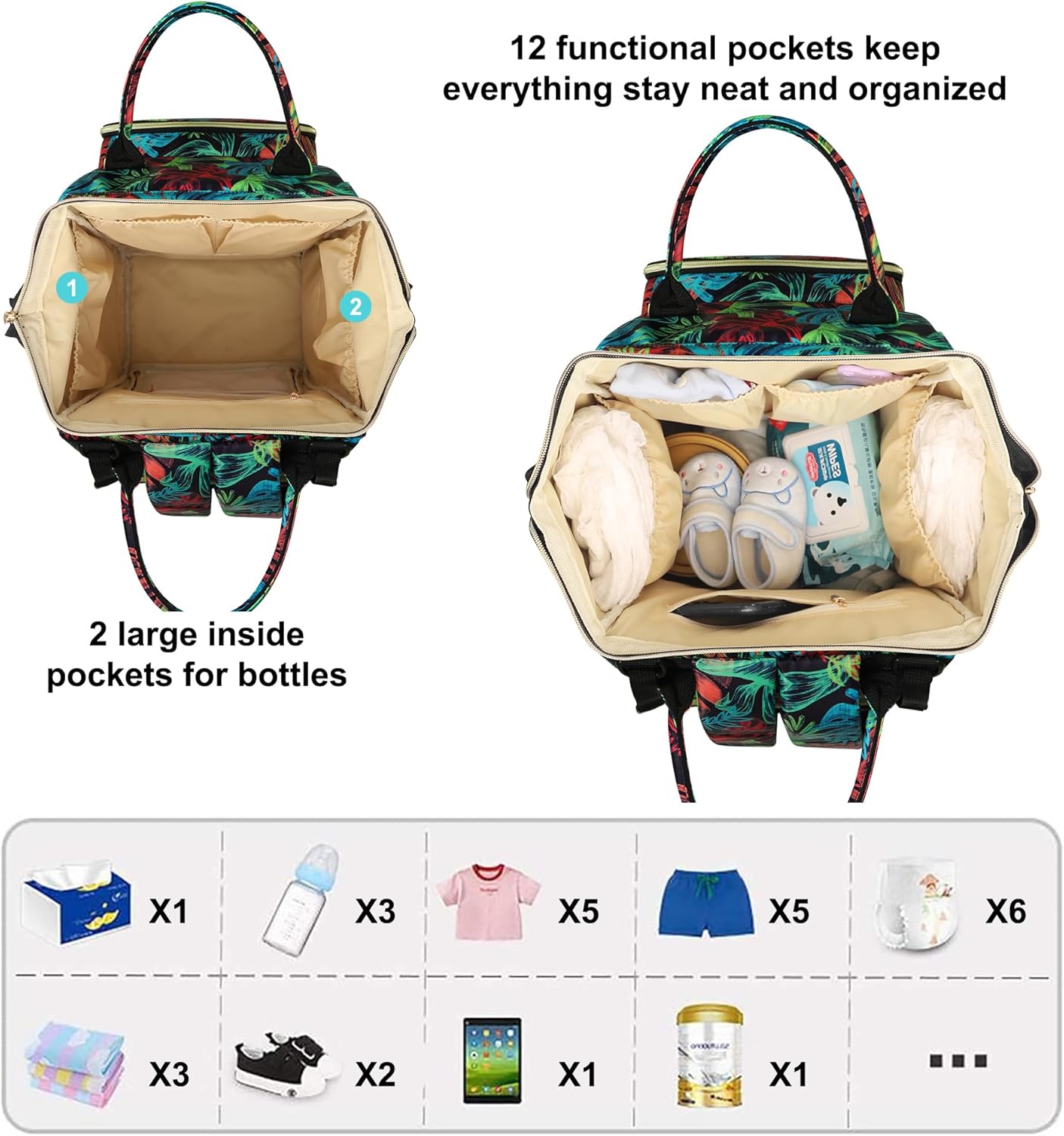 Diaper Bag Backpack Multi-Function Baby Bag With Large Capacity and Insulated Pockets Diaper Backpack Organizer Bag for Mom/Dad, Leaf
