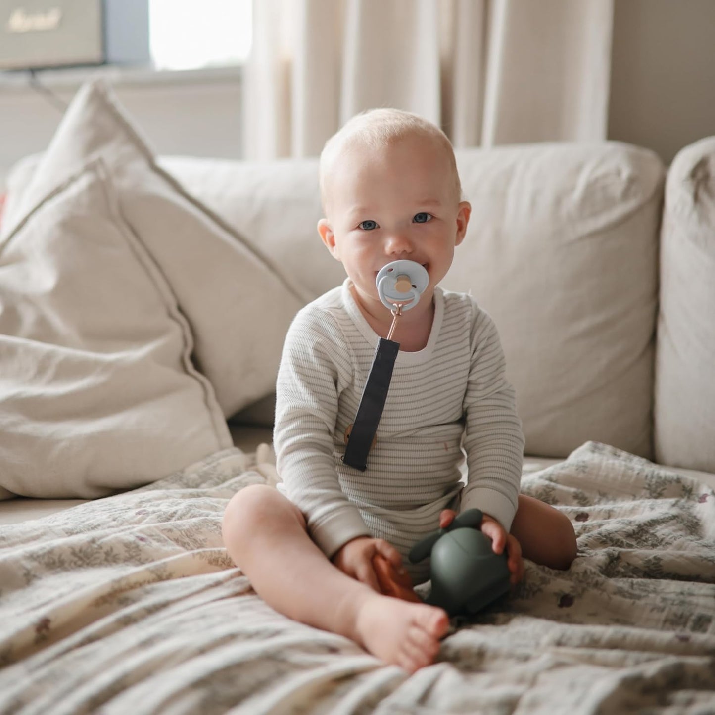 FRIGG Little Viking Natural Rubber Baby Pacifier 2-Pack | Made in Denmark | BPA-Free (Powder Blue/Cream,6-18 Months)