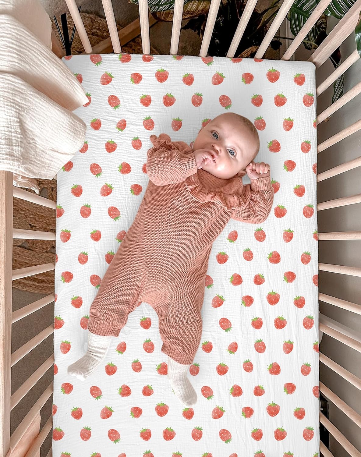 Crib Sheets for Baby Boy Girl 2 Pack, Fitted Crib Mattress Sheet 28" x 52", Muslin Toddler Bedding with Neutral Style, Nursery Bedding Essentials (Strawberry & Pale Pink)