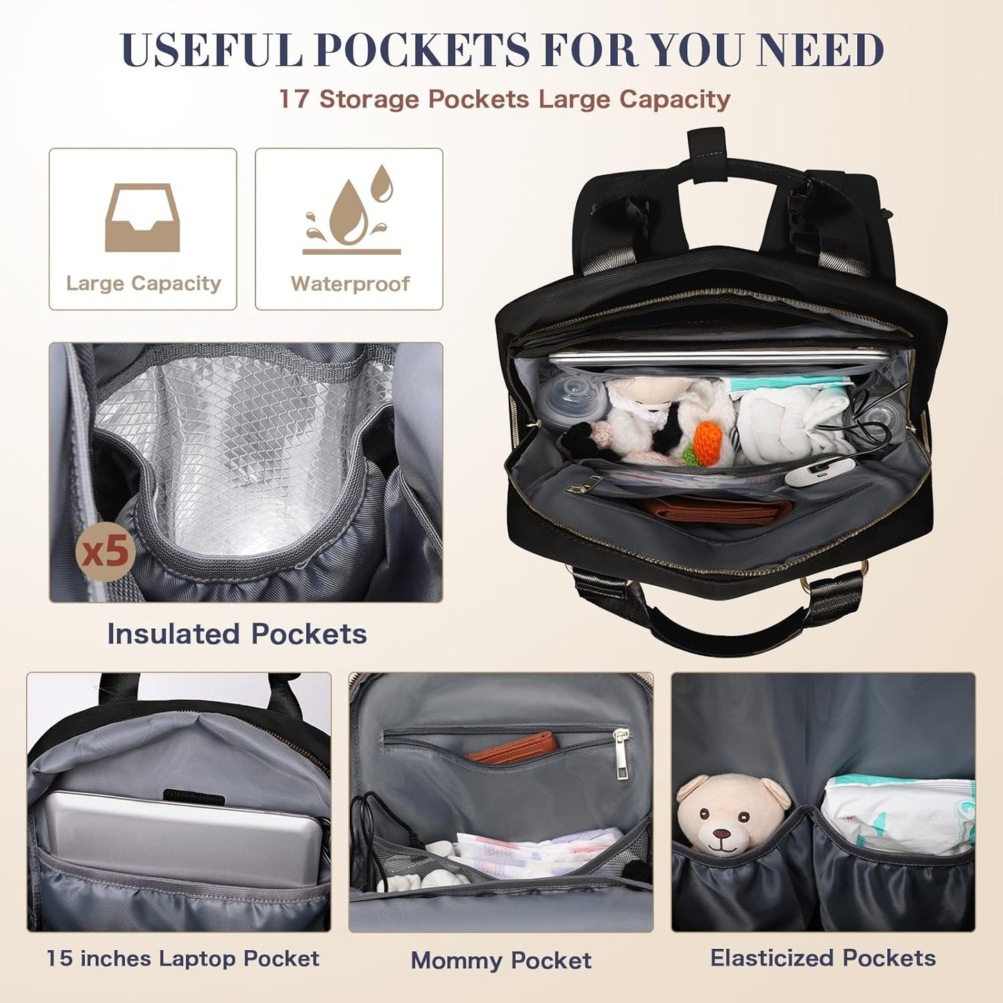 Diaper Bag Backpack, Baby Diaper Bag with 17 Pockets, Travel Baby Bag Backpack for Girl Boy, Large Diaper Bag with Changing Pad,USB Charging Port,Wet Dry Bag,Black