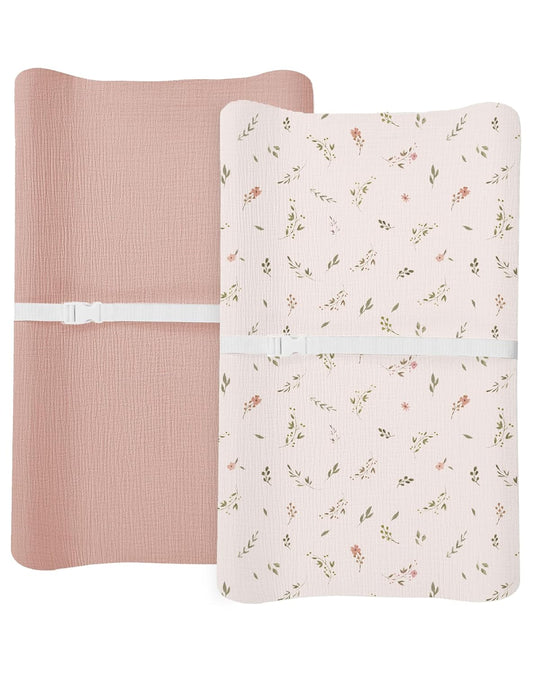 Changing Pad Cover for Baby Boy Girl 2 Pack, Muslin Changing Table Pad Covers with Boho Style, Neutral Nursery Bedding Essentials Soft and Breathable(Petal Leaf & Pink)