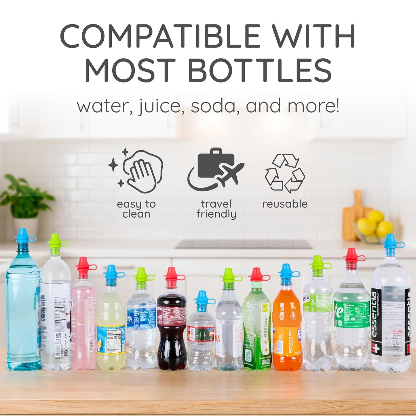 Original Water Bottle Topper for Toddlers – 100% Silicone Sippy Top Spout with Protective Cap makes the Bottle Top a Spill Proof Lid for Kids and Adults - 4 Pack - Original