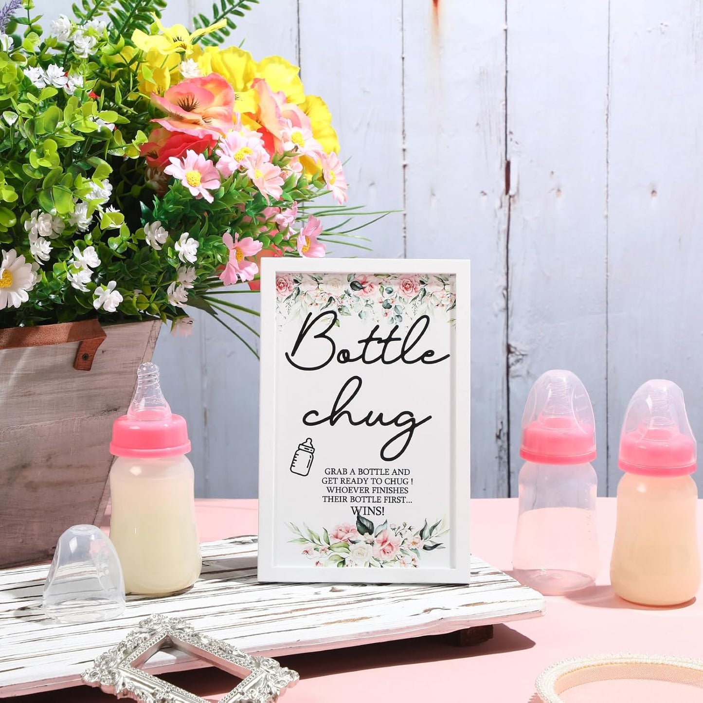 Roowest Bottle Chug Baby Shower Game Favors Including Flower Theme Bottle Chug Game Wooden Sign and 18 Pcs Pink Baby Bottles for Baby Shower Game Gender Reveal Party Supplies