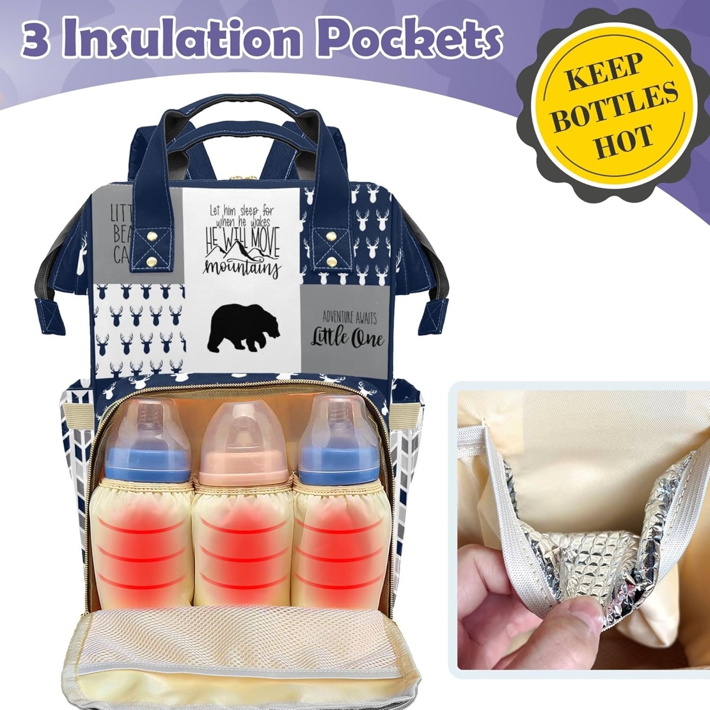 Woodland Bear Personalized Diaper Bag Backpack for Baby Boy with Name, Custom Nappy Nursing Bag for Moms Dads, Customized Gift, Large Capacity, Waterproof, Multifunctional