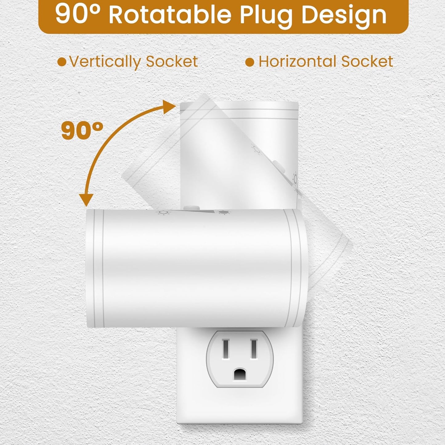 LED Plug-in Wall Night Light with Dimmable 0-300 Lumens, 2700K Warm White, Auto On/Off Light Sensor & Adjustable Head for Hallway, Stairs, Bedroom,2 Pack