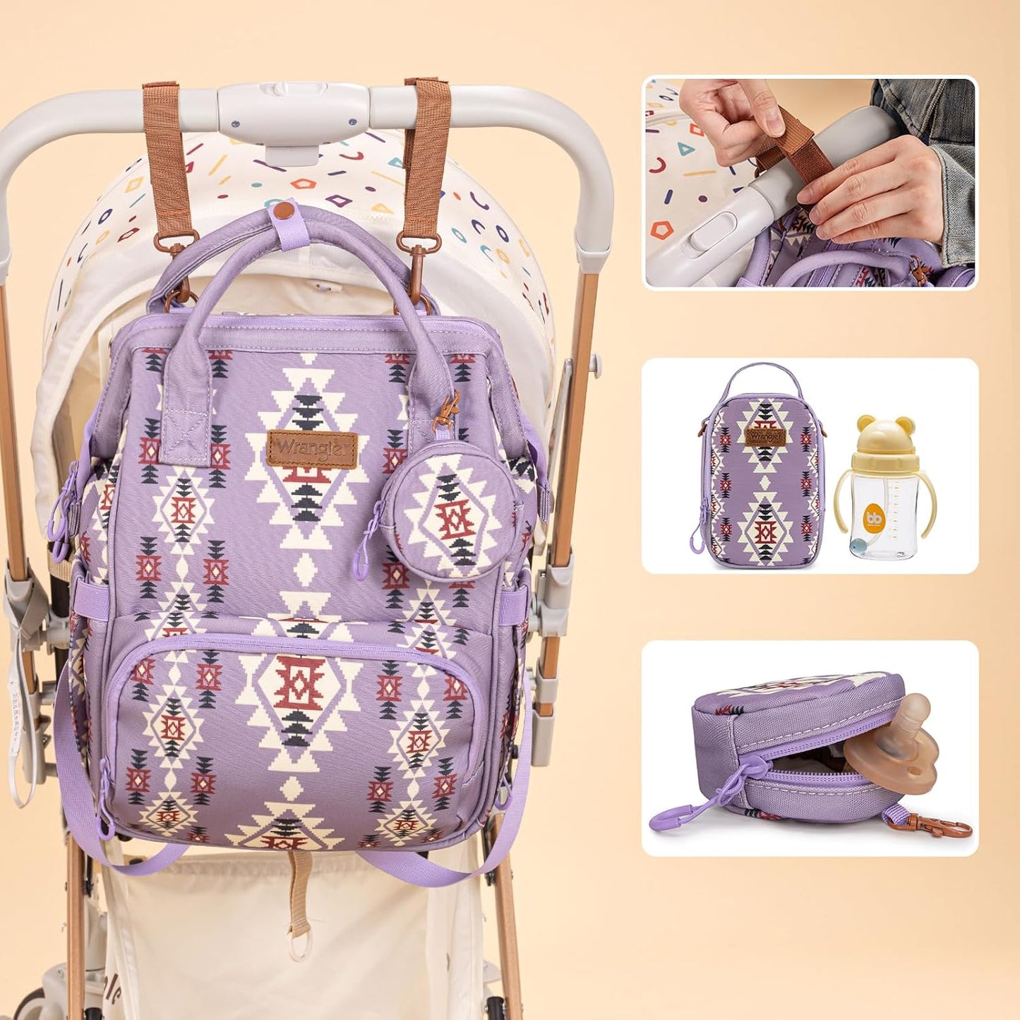 Montana West Wrangler Callie Diaper Bag Backpack with Pacifier Case, Crossbody Bottle Bag and Stroller Straps Western Pattern Multifunction Baby Travel Bag Set WG2215-9110LV