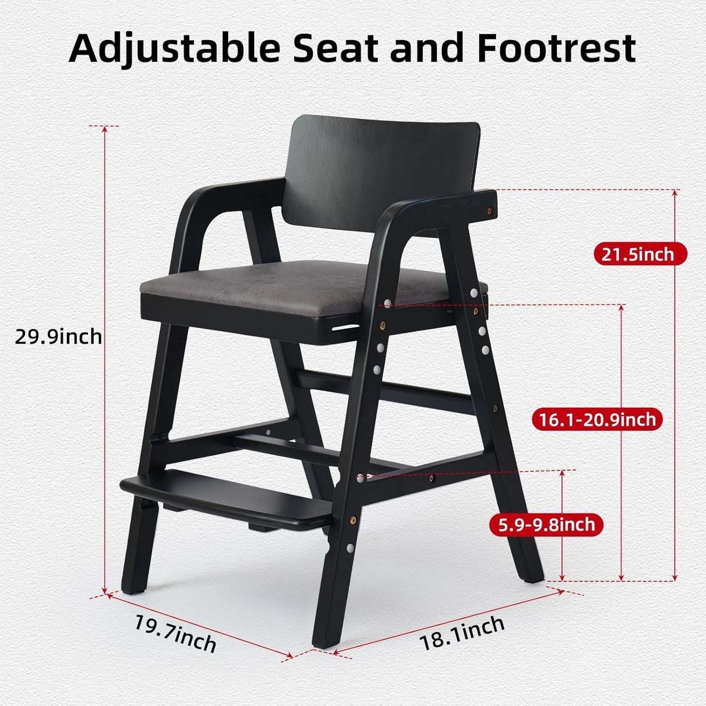 Solid Wood High Chair for Toddlers, Baby Highchair, Adjustable HighChair for Babies/Toddlers with Removable Cushion, Children Kids DiningChair, Teens Study Chair with Steps (Black)