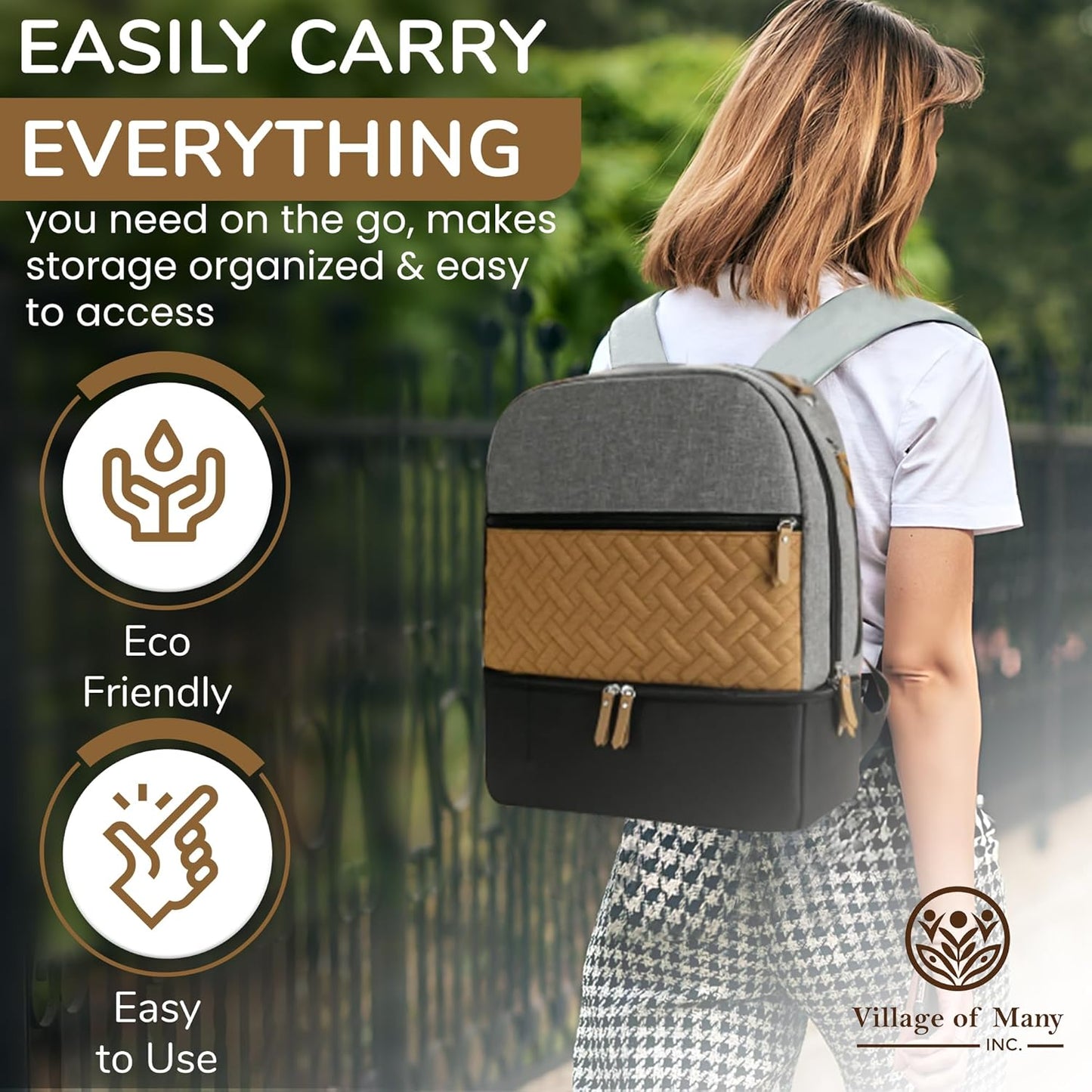 Village of Many Baby Diaper Bag Backpack -Multi-Function Waterproof Baby Bag,Medium Capacity Maternity Backpack with Insulated Pockets-Stylish&Durable Diaper Bag-Unisex,Gifts for Mothers (Black&Brown)