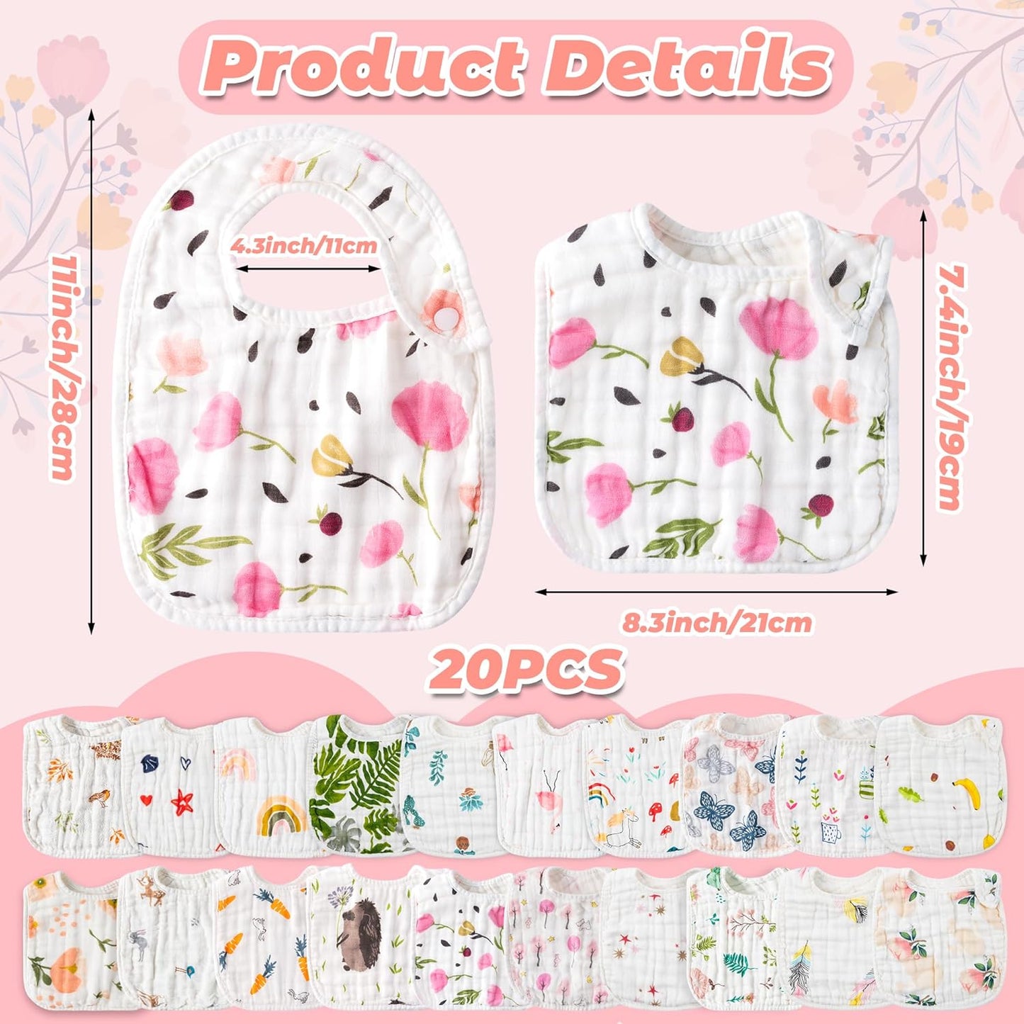 Zainpe 20Pcs Snap Muslin Cotton Baby Bibs Soft Absorbent Adjustable Burp Cloths for Newborns Drooling Feeding Teething Eating