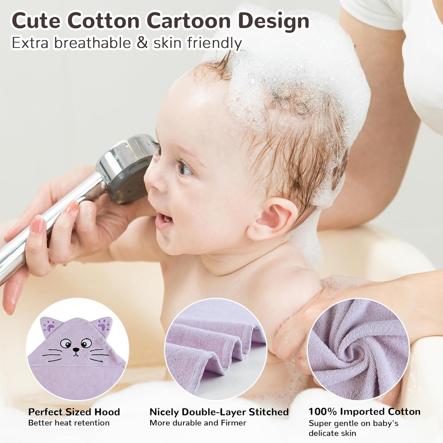 Viviland 2 Pack Hooded Baby Towels, Soft 100% Cotton Baby Bath Towels with Hood, Extra Thick and Absorbent, Essential for Newborns, Kids, Infants - Girls and Boys (Sheep & Purple Cat)