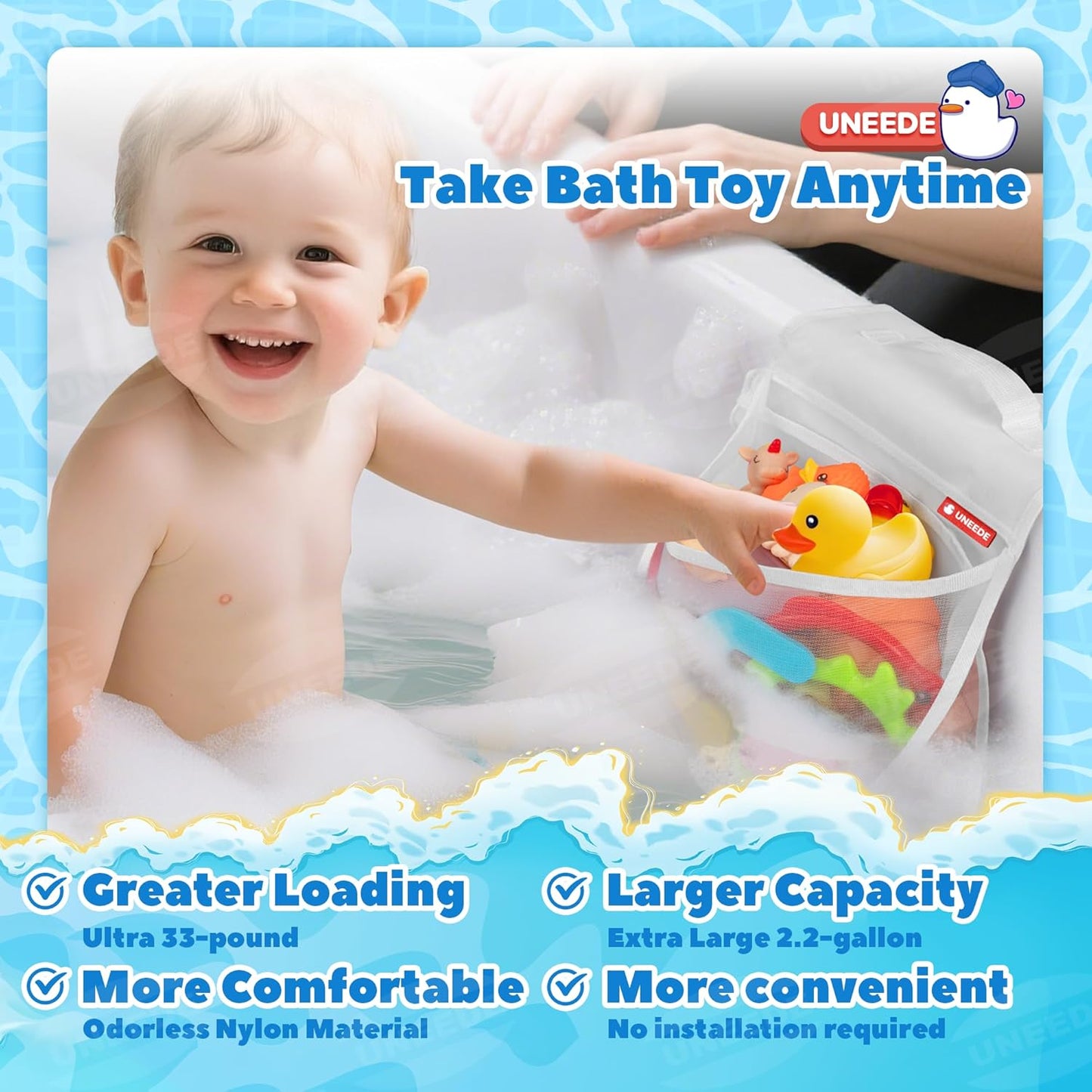 UNEEDE Bath Toy Storage Saddle Shape 2 Compartments,Quick Access丨Wide Opening Bathtub Toy Organizer for Tub,Nylon Mesh Shower Holder and Tub Storage Organizer for Kids,Easy to Clean and Install