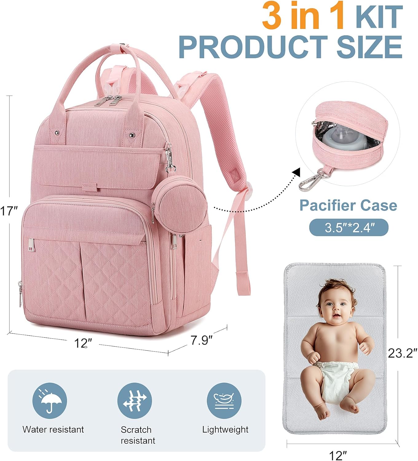MOONBABY Diaper Bag Backpack, Baby Diaper Bags with Portable Changing Pad and Pacifier Case, Multifunctional Travel Diaper Backpacks, Unisex Baby Bags, Pink
