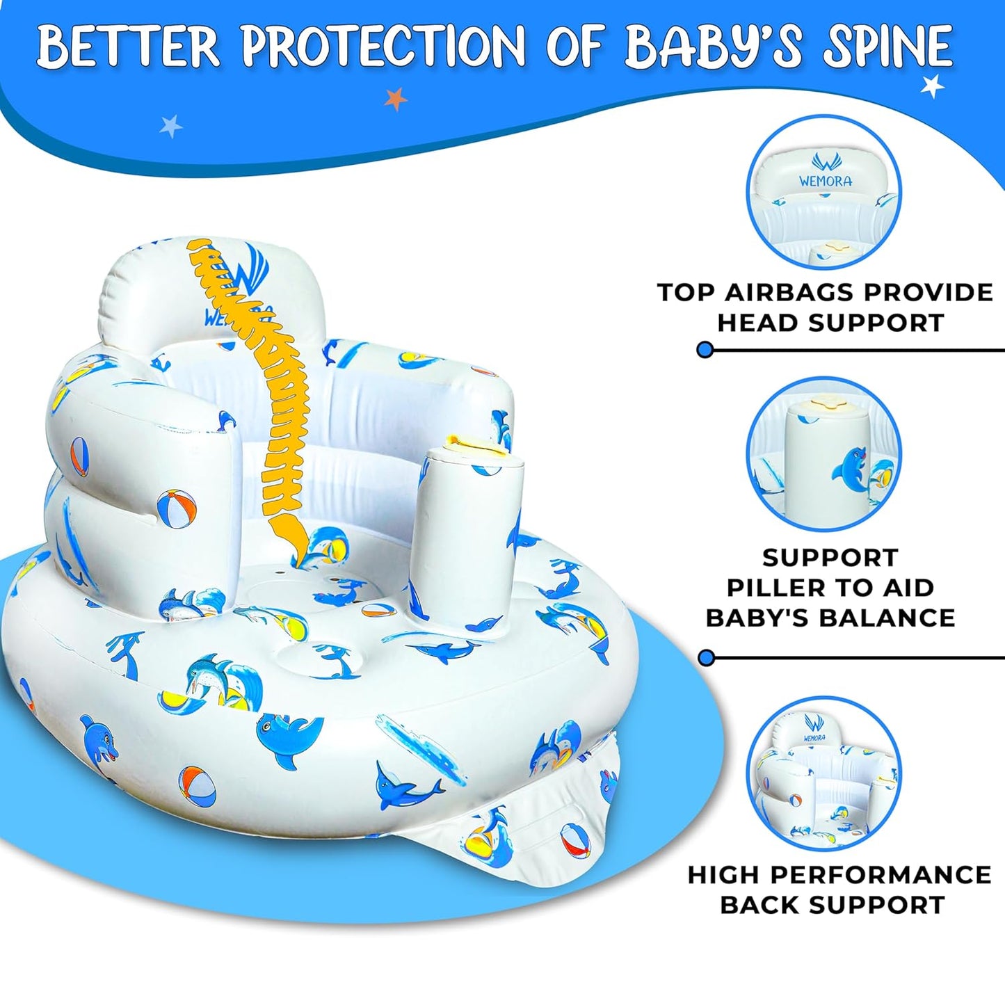 Inflatable Baby Seat for Babies 3-36 Months Blow Up Chair for Babies Infants Toddler Floor Sitting Up with Built in Air Pump (White, Dolphin)