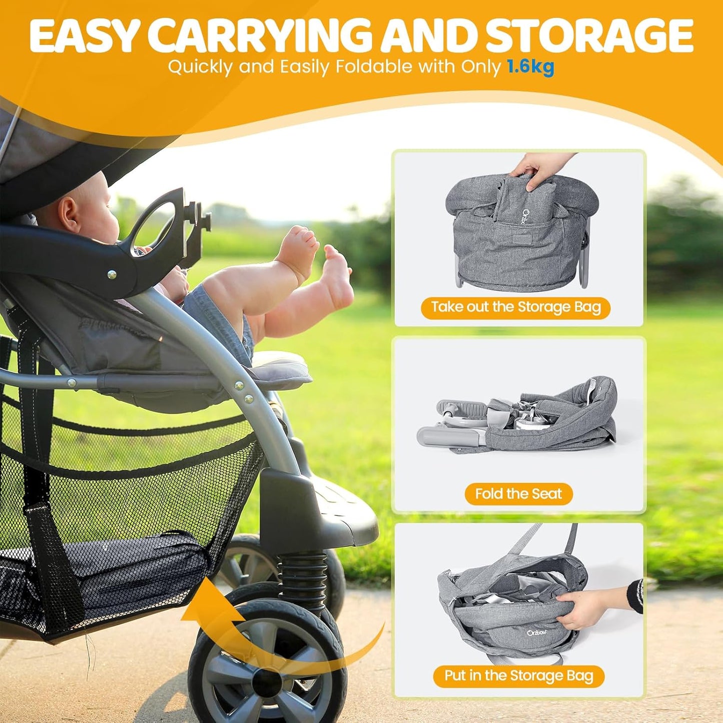 Orzbow Hook On High Chair, Portable Table Highchair Seat for Babies & Toddlers 6-36 Months, Collapsible Clip On Counter High Chair with Carry Bag for Travel, Home and Restaurant, Easy Clean, Gray