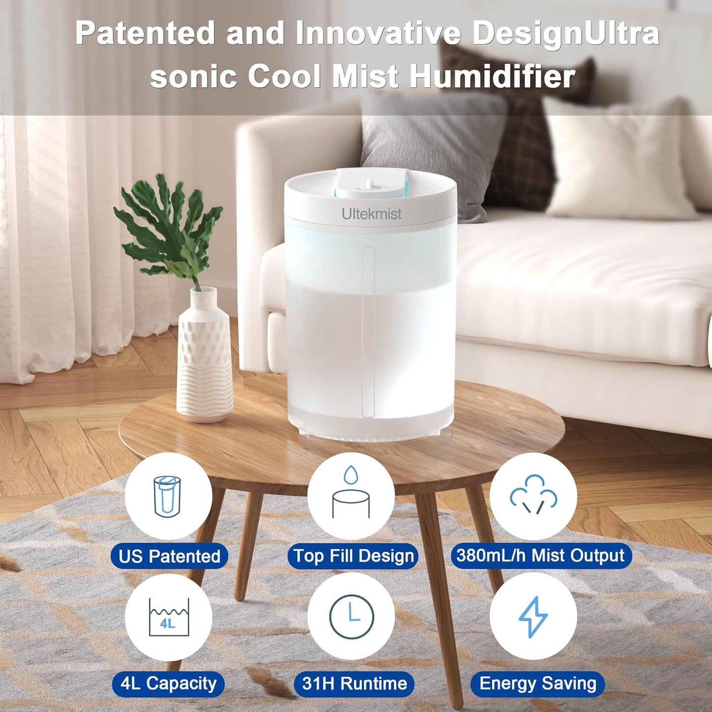 Humidifiers for Bedroom, 2 in 1 Cool Mist Humidifiers for Home, Large Room, Baby Nursery and Plants, 4L Top Fill Cool Mist Humidifier with Oil Diffuser, Nightlight, 31H Runtime (Transparent)