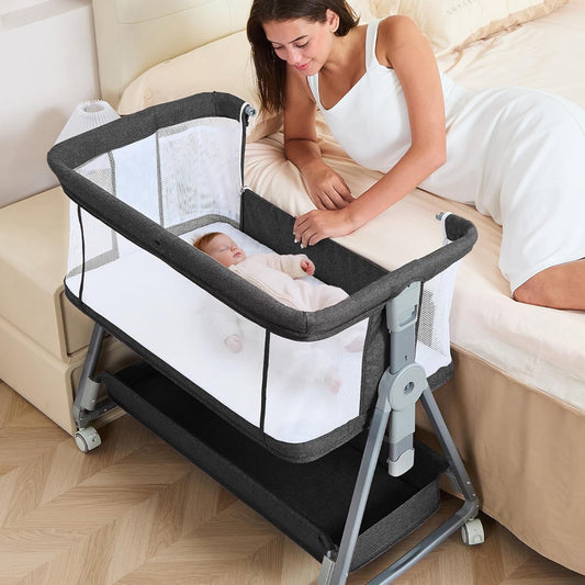 3-in-1 Baby Bassinet Bedside Sleeper with Wheels Bedside Bassinet for Newborn and Infant with Mattress and Storage Basket | Adjustable Height & Angle (13.5-18") | ASTM/CPSIA Certified (Black)