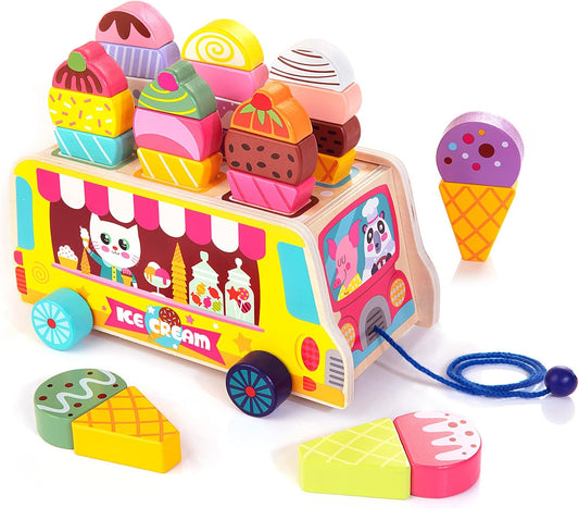 Wooden Ice Cream Truck, 28 pcs Magnetic Ice Cream Sweet Treats Pretend Play Food & Accessories, Montessori Sorting & Stacking Toys for Toddler Girls & Boys Age 2-5