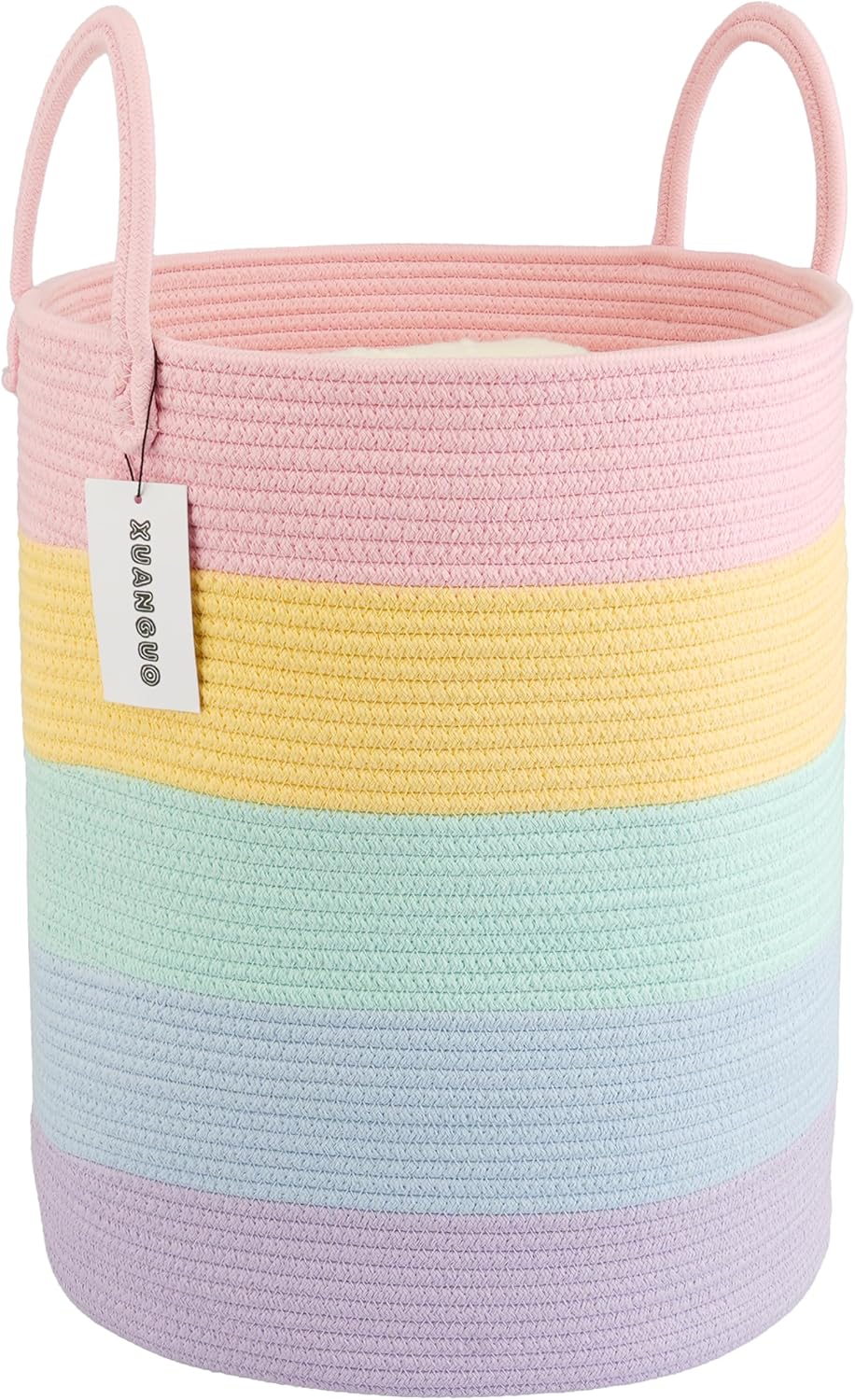 Rope Laundry Basket Hamper for Kids Girl Woven Storage Basket for Living Room Bedroom Boho Tall Baskets for Blanket Toys Pillow Towels Baby Nursery Hamper Bin rainbow