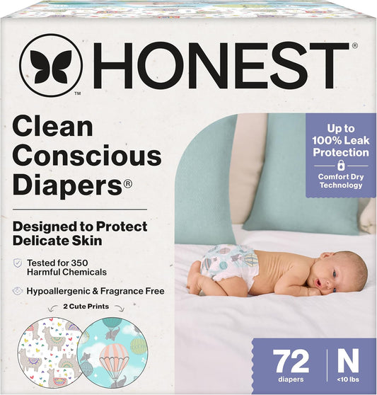 The Honest Company Clean Conscious Diapers for Delicate Skin, Up to 100% Leakproof Hypoallergenic Fragrance-Free Baby Diapers, Gender Neutral Prints, Club Box, Size Newborn, 72 Count (Prints May Vary)