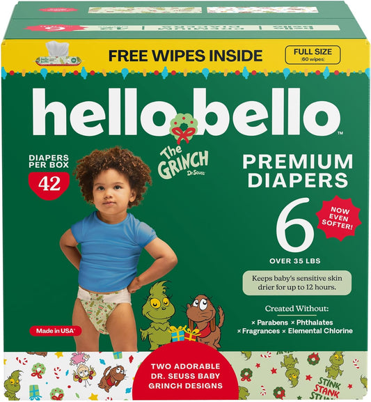 Hello Bello Dr. Seuss Baby Grinch Premium Diapers, Size 6 (35+ lbs), 42ct Plus Bonus Wipes: Softness & Protection for Sensitive Skin