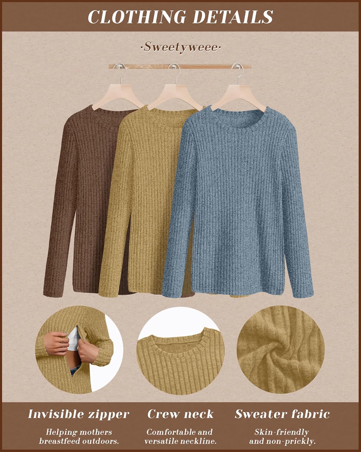 3 Pack Women's Nursing Long Sleeve Tops Breastfeeding Thermal Sweaters with Hidden Zipper Maternity Ribbed Shirts