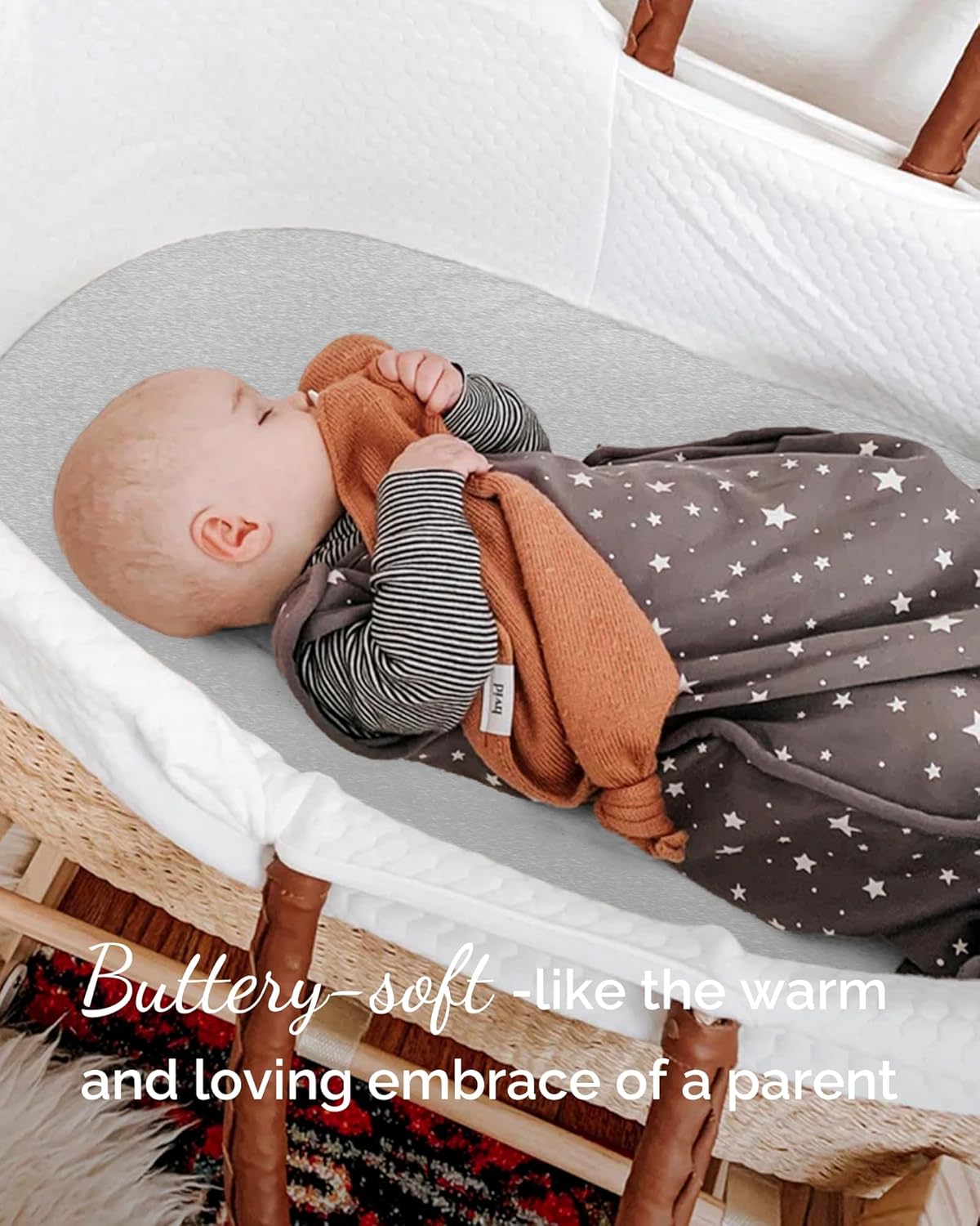 3 Pack Fitted Bassinet Sheets for 4moms Mamaroo Sleep Bassinet - 18 x 30 Inch Oval Mattress - Buttery Soft, Premium Stretchy Jersey Knit - Navy + Grey + Cloud