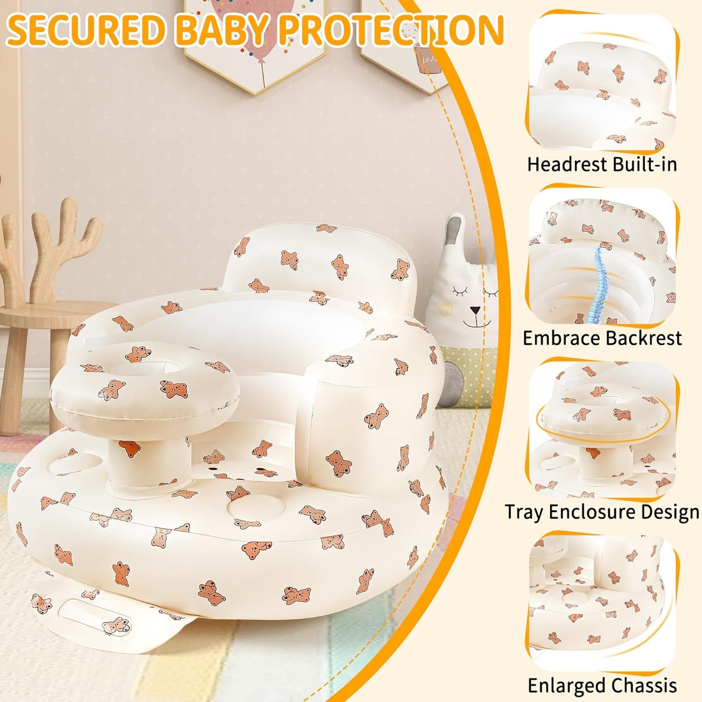 Inflatable Baby Seat with Tray, Comfortable Sit Me Up Baby Chair for Learning to Sit, Built in Air Pump Blow Up Floor Seat with Back Support 3 Months & Up (Biscuit Bear with Tray)