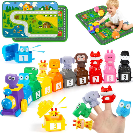 URMYWO Toys for 1 2 3 Years Old Boy Girl, Montessori Learning Toys for 1 2 3 Years Old Toddler, Train Set with 10 Finger Puppets&Play Mat, Counting, Matching & Sorting, Toddler Boy Girl