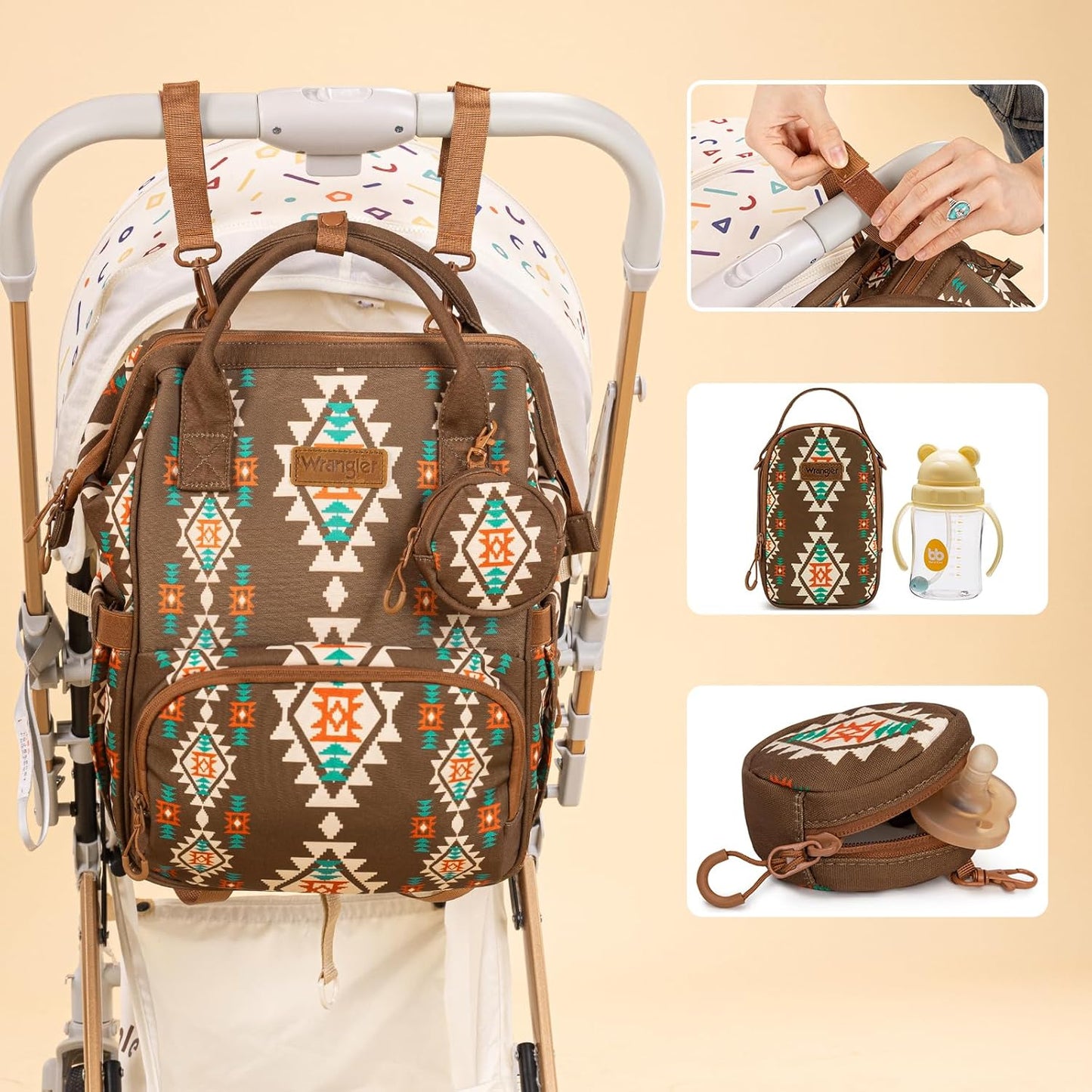 Montana West Wrangler Callie Diaper Bag Backpack with Pacifier Case, Crossbody Bottle Bag and Stroller Straps Western Pattern Multifunction Baby Travel Bag Set WG2215-9110CF