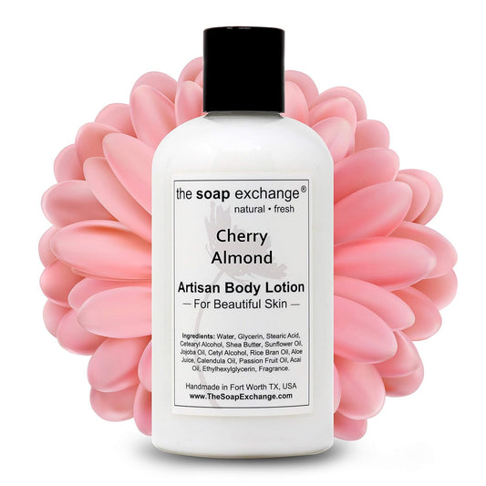 The Soap Exchange Body Lotion - Cherry Almond Scent - Hand Crafted 8 fl oz / 240 ml Natural Artisan Skin Care for Hand, Face, & Body, Moisturize, Hydrate, & Protect. Made in the USA.