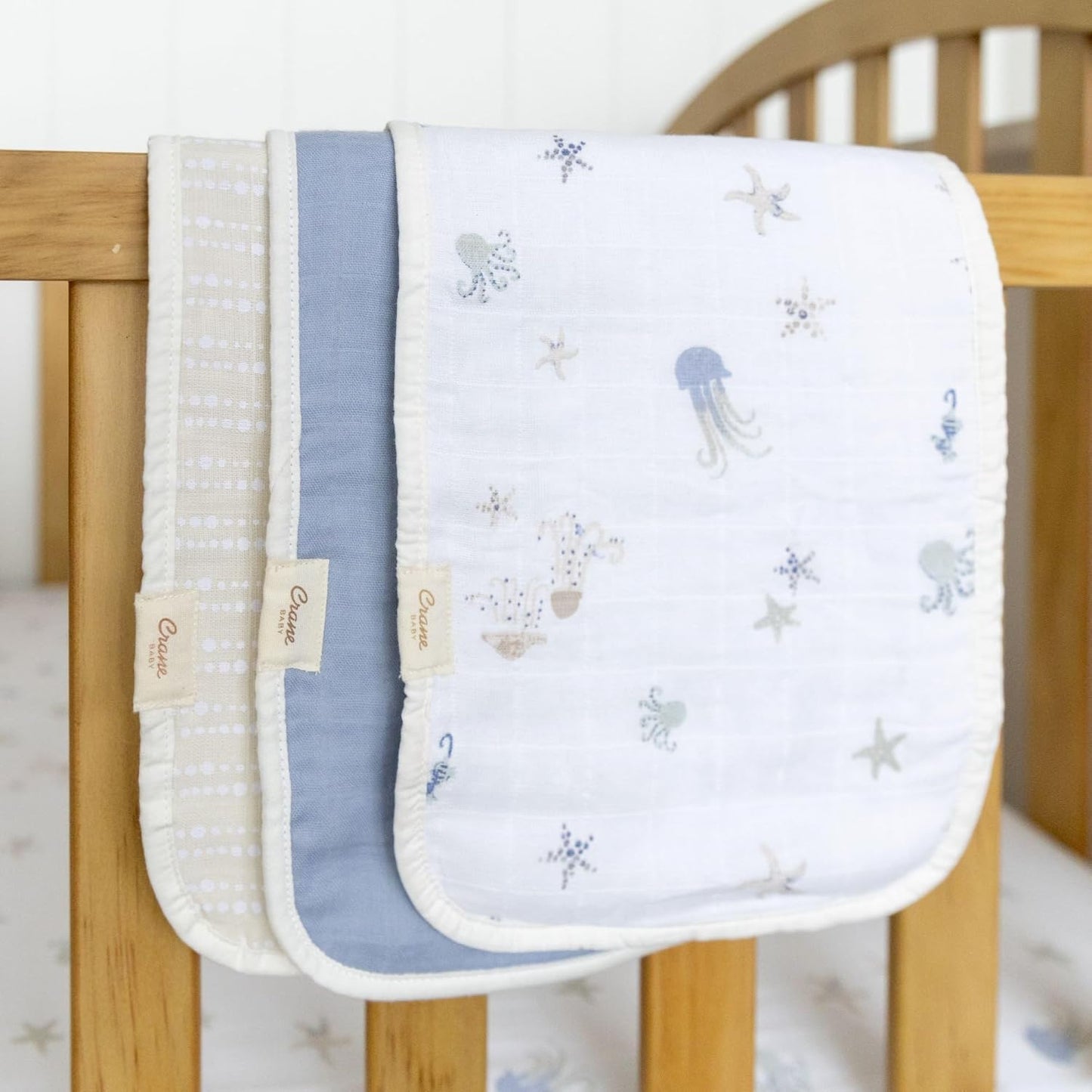 Crane Baby Muslin Baby Burp Cloths, Lightweight Absorbent Burp Cloth, Sea Life Jellyfish, Set of 3, 7” x 20”, Newborn Baby Essentials, Burp Cloths Baby Boy, Burp Cloths Baby Girl, Newborn Essentials