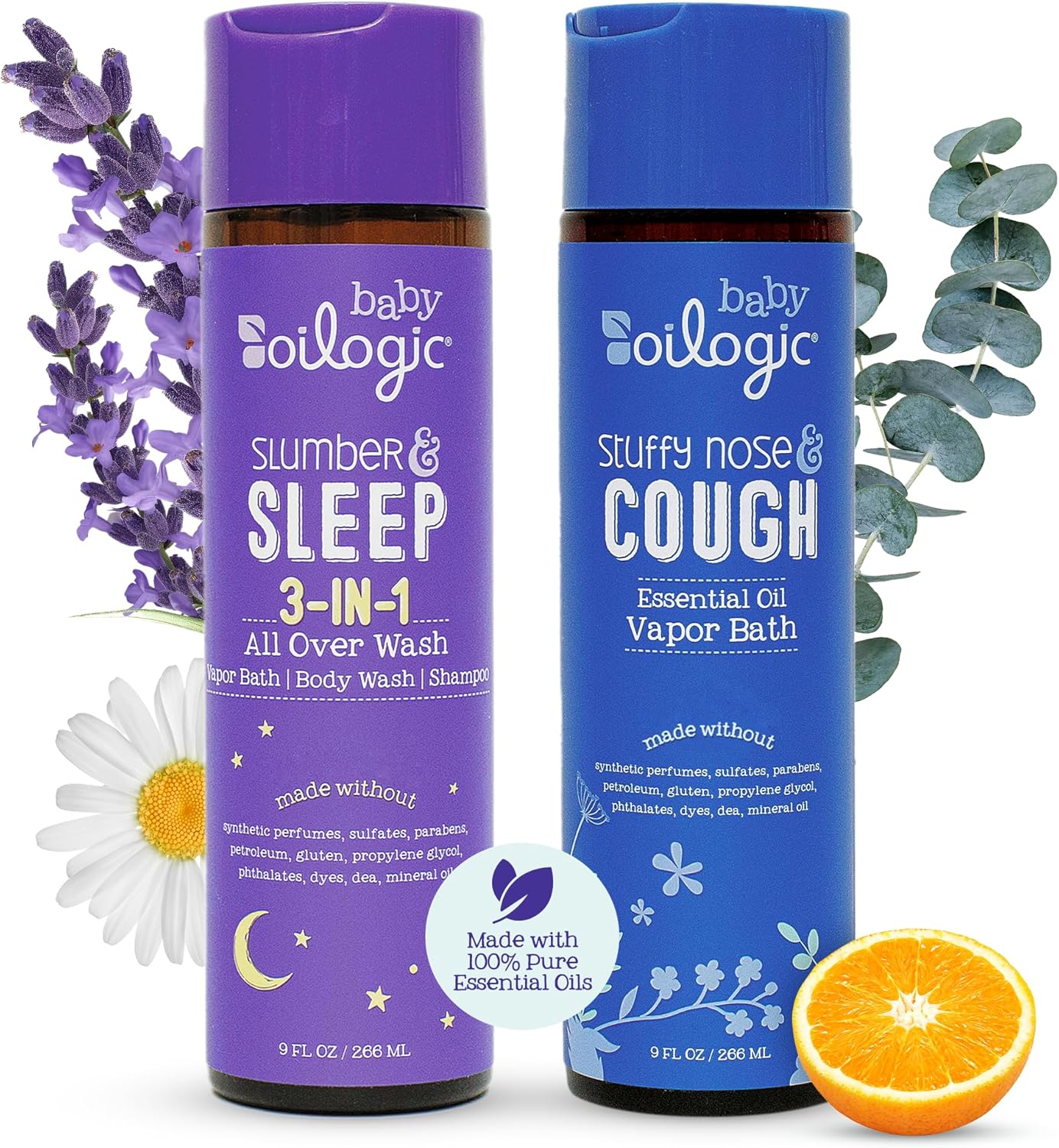 Oilogic Bath Baby Essentials (Slumber & Sleep, Stuffy Nose & Cough) - Gentle Baby All-Over Wash with Essential Oils to Soothe, Calm & Comfort - Pediatrician-Tested & Safe for Babies & Toddlers