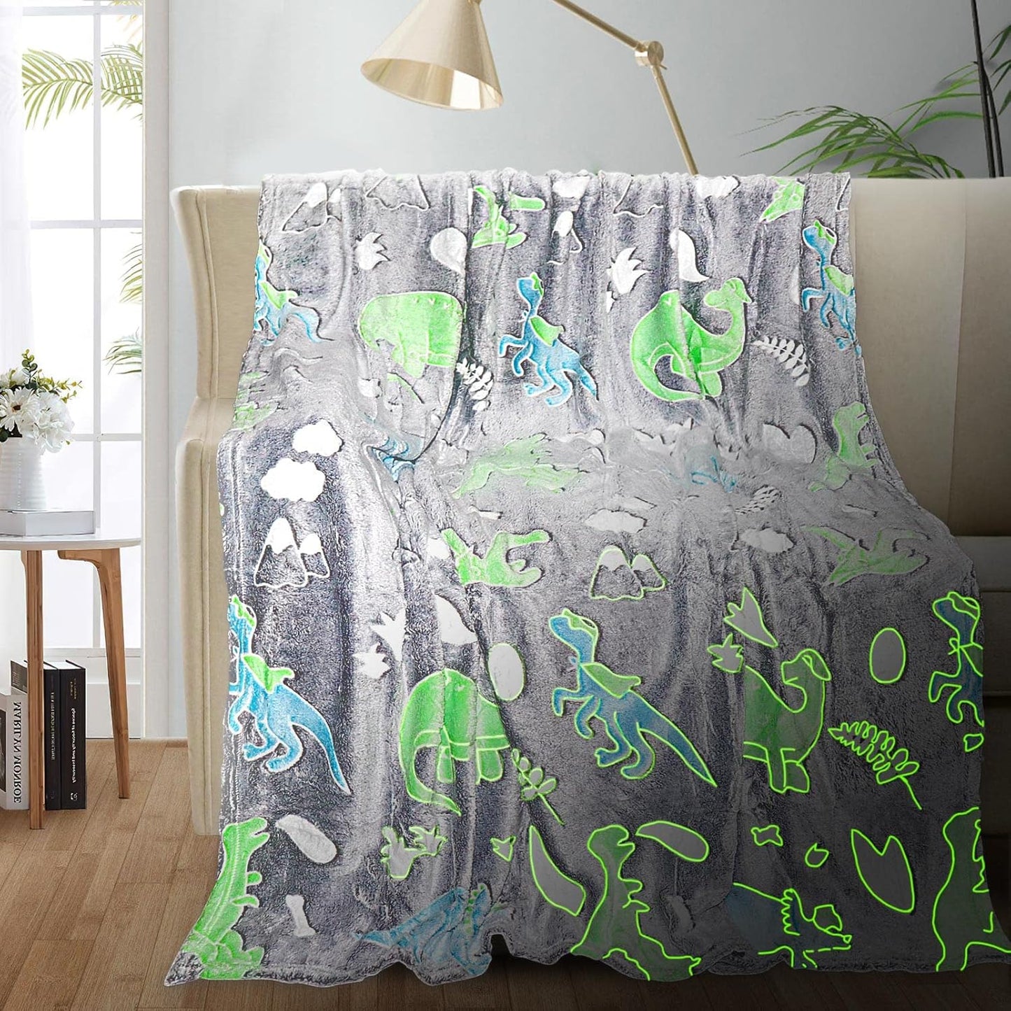 Personalized Dinosaur Glow in The Dark Kids Throw Blanket, 30"x40", Multicolor