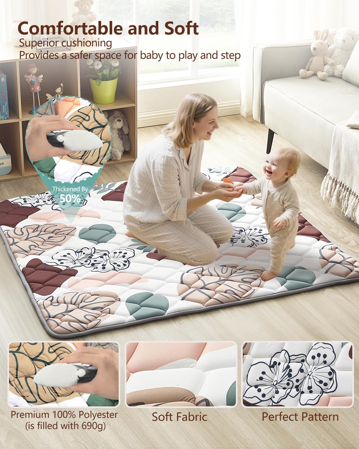 Baby Play Mat 43"x43", Non-Slip Baby Mat for Floor, Soft Thicker Playpen Mat, Portable Playmat, Crawling Mat for Babies, Toddlers & Infants to Play and Learn（Boho）