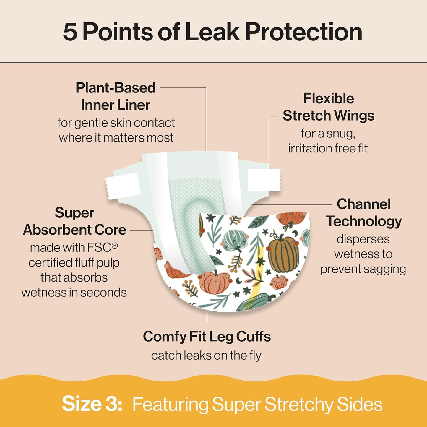 The Honest Company Clean Conscious Diapers for Delicate Skin | Up to 100% Leakproof | Hypoallergenic, Fragrance Free | Fall '25 Limited Edition Prints | Club Box, Size 3 (16-28 lbs), 62 Count