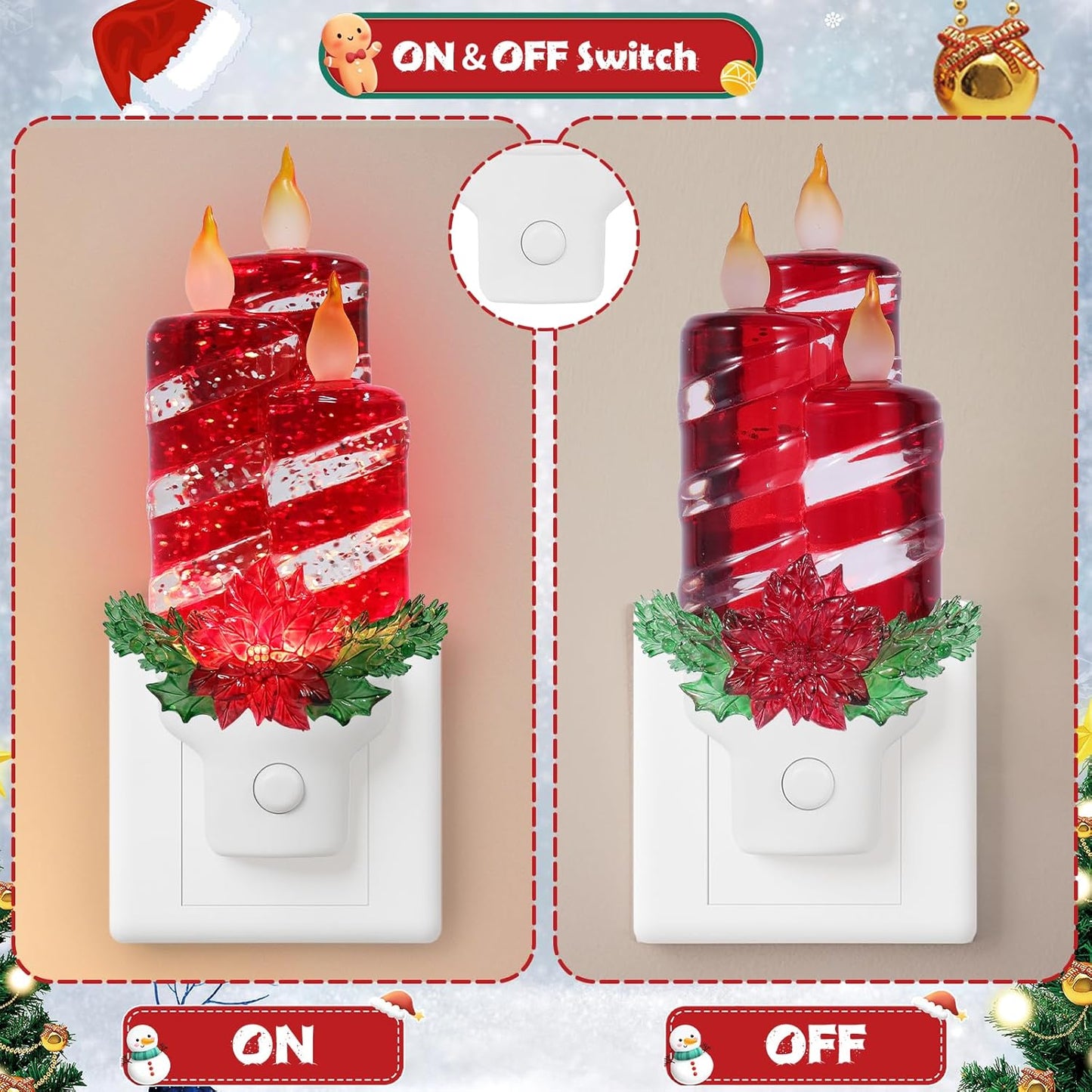 2 Pack Christmas Candle Night Light Plug into Wall Glitter Water Nightlight with USB/Outlet Options, Christmas Decorative Nightlight for Bedroom Kitchen Nursery Holiday Decorations Gifts (Red Candle)
