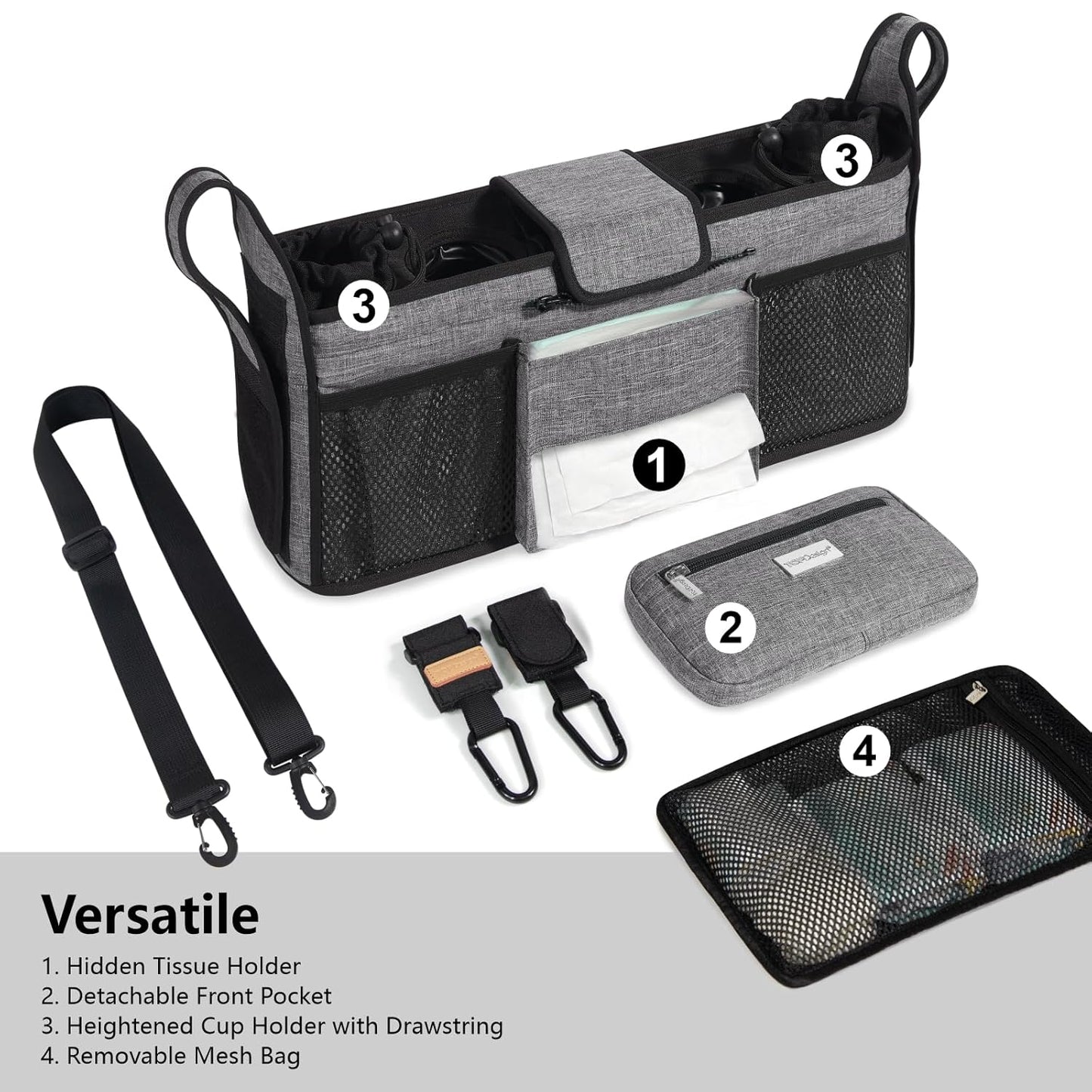 TOPDesign Universal Baby Stroller Organizer, Double Stroller Caddy with Detachable Mesh Bag & Heightened Insulated Cup Holders & Non-Slip Secure Hooks Accessories, Fits Most Strollers (Blue)