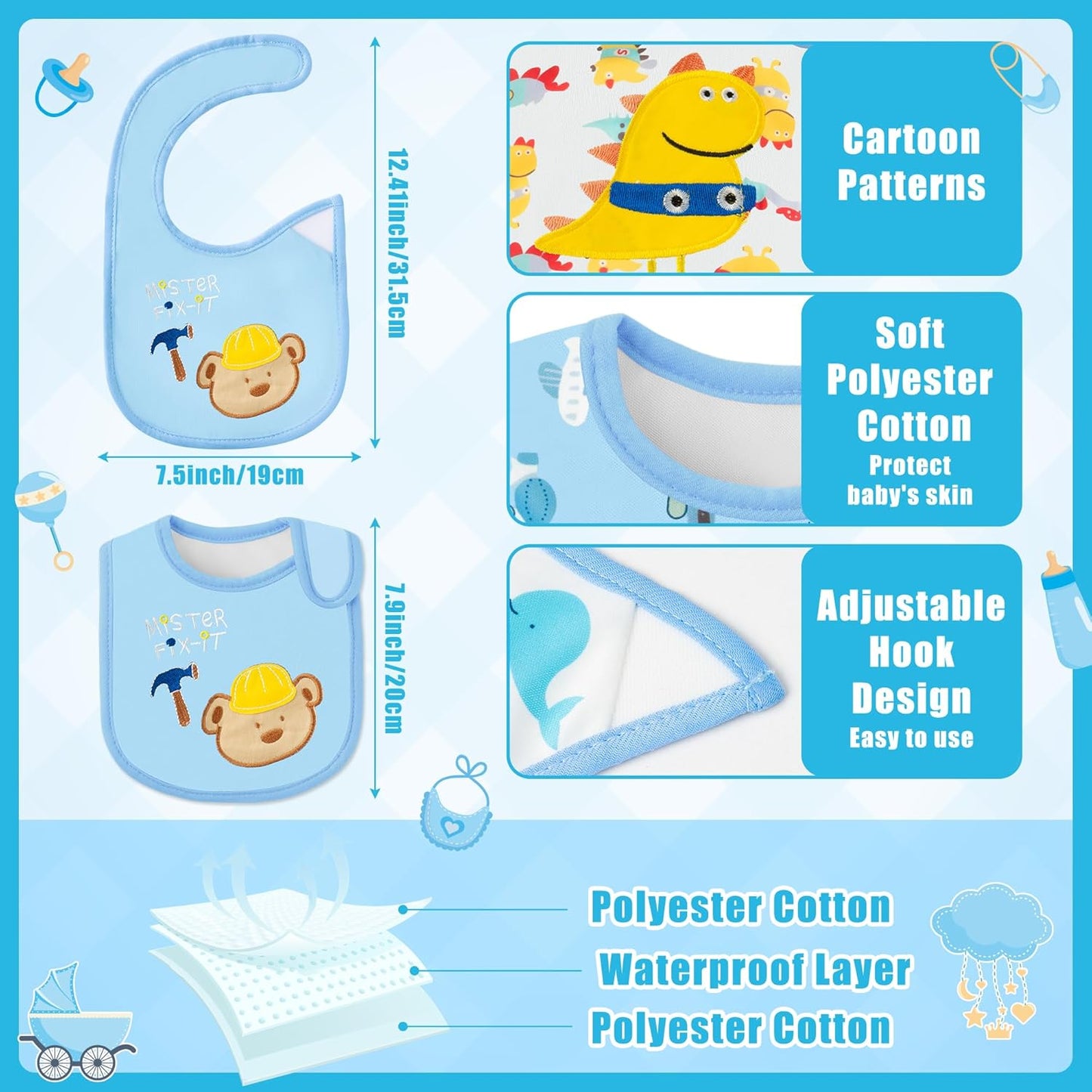 Cotton Waterproof Baby Bibs - 24Pcs Adjustable Hook Loop Closure Bib for Feeding Teething Drooling Eating, 6-12 Months