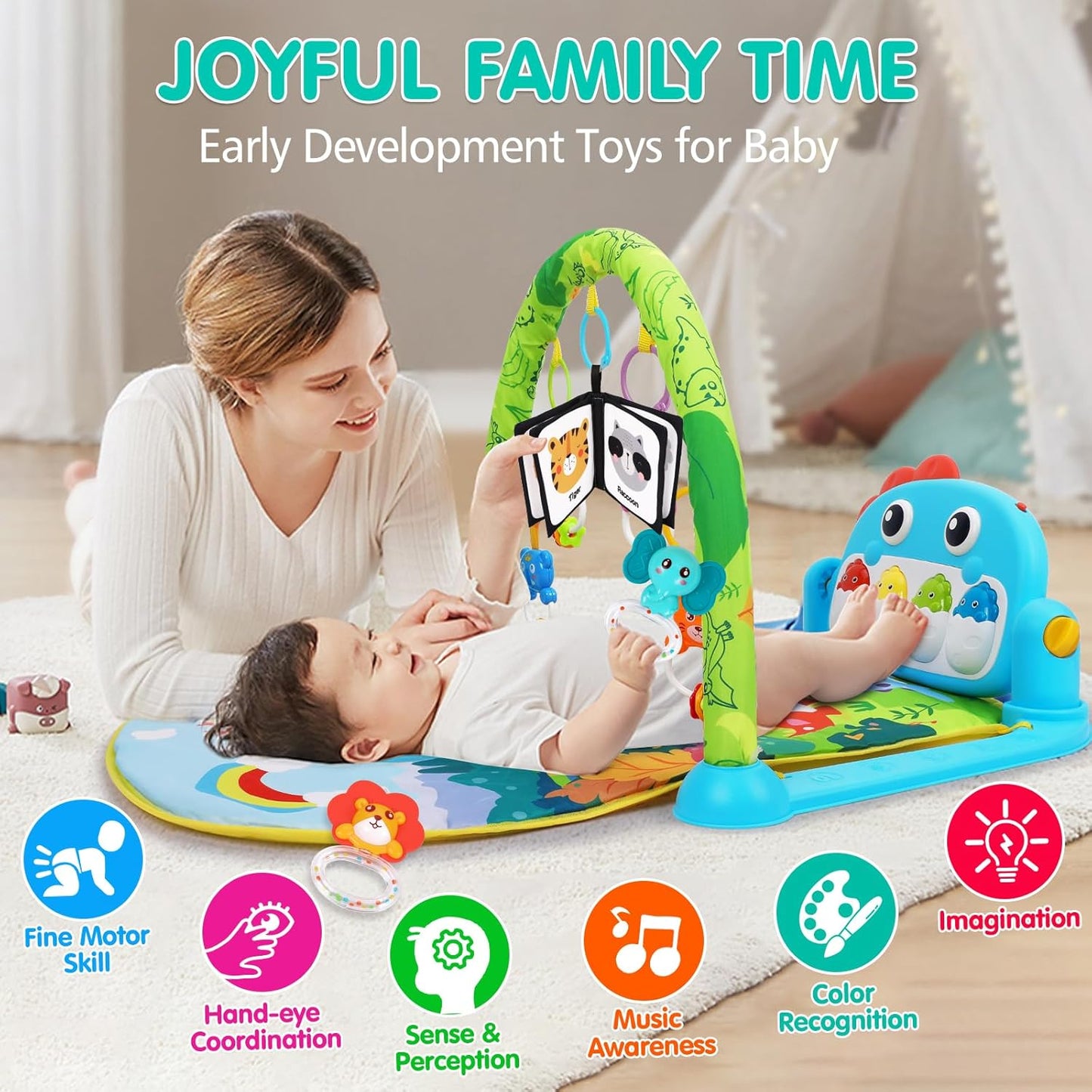 Baby Play Mat Baby Toys Tummy Time Mat Toys Musical Activity Center for Infant Toy with High-Contrast Piano Music & Light Newborn Babies Gifts for Boy Girl Babies Toy 0-6 6-12 Months Dinosaur Style