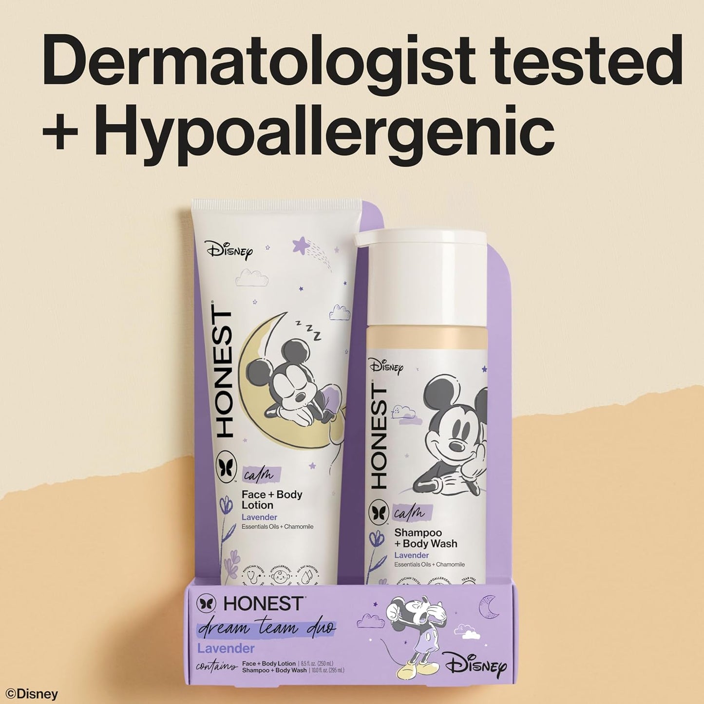 The Honest Company 2-in-1 Cleansing Shampoo and Body Wash and Face and Body Lotion Bundle and Disney Design Gentle Enough for Baby Dermatologist Tested Calm Lavender 18.5 fl oz