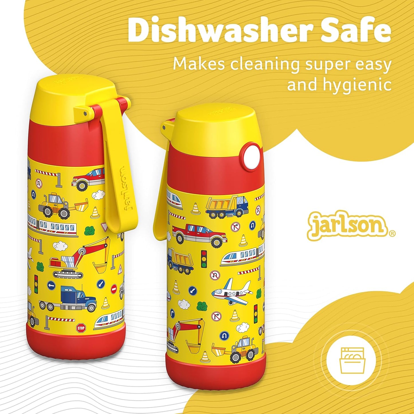Jarlson® Mali Children's Water Bottle, Thermal Stainless Steel Water Bottle, BPA-Free, Leak-Proof, Children's Bottle with Chug Lid, Bottle for School, Nursery (Vehicles, 350 ml)