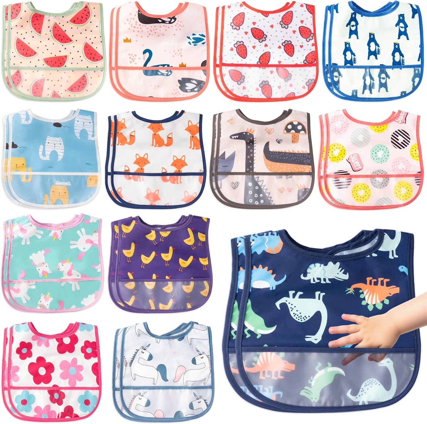 26Pcs Baby Feeding Bibs with Crumb Catcher Pocket Waterproof Sleeveless Teething Plastic Food Bib Set Adjustable Toddler Infant Keepsake Gift for Baby Shower, 6-24 Months