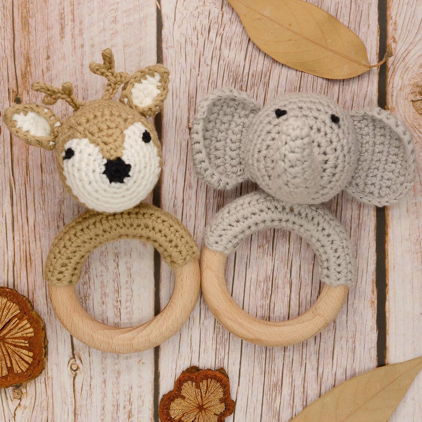 Joliecraft Woodland Friends Baby Rattle Shaker Toy with Wooden Teething Ring in White and Tan Deer