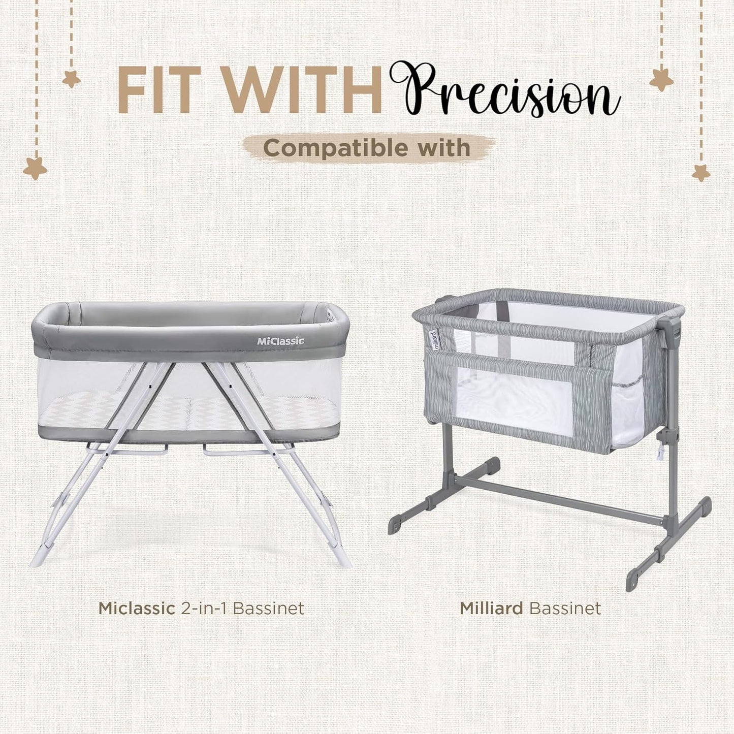Bassinet Fitted Sheets - Compatible with MiClassic, and Milliard Bassinet |100% Organic Jersey Cotton - White + Grey | 35x20 (2 Pack)