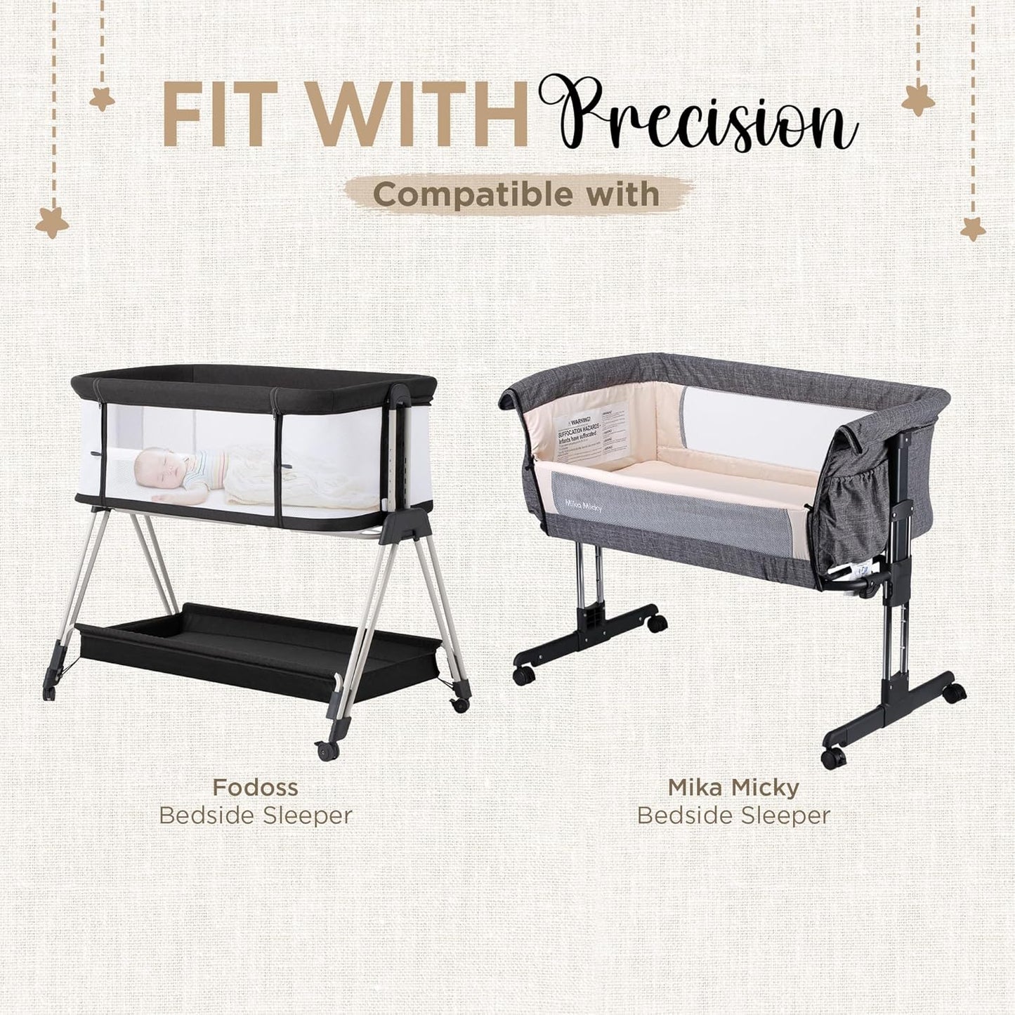 Bassinet Fitted Sheets - Compatible with Fodoss, Mika Micky & Dream on Me Poppy Traveler Bassinet | 100% Organic Muslin Cotton - White + Grey | 32x19 (2 Pack)