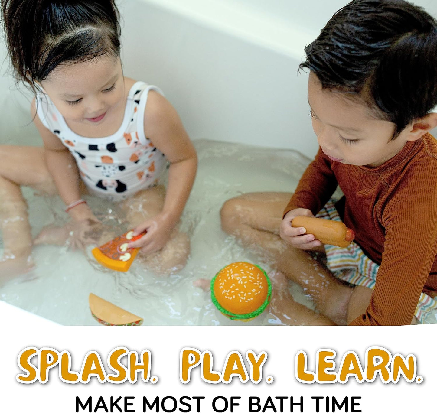 SplashEZ Food Bath Toys | Mold Free Bath Toys for Kids & Toddlers with No Hole for Water | Ideal Size for Little Hands | Safe, Durable for Baby Tub Ages 0 & Up | Ice Cream Taco Hamburger Hot Dog Pizza